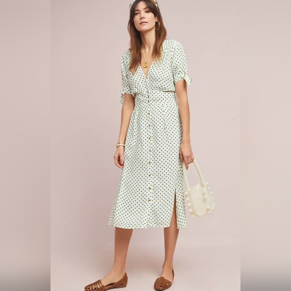 Anthropologie Faithfull the Brand Lula Midi Dress, Green and White Polka Dot 6/M